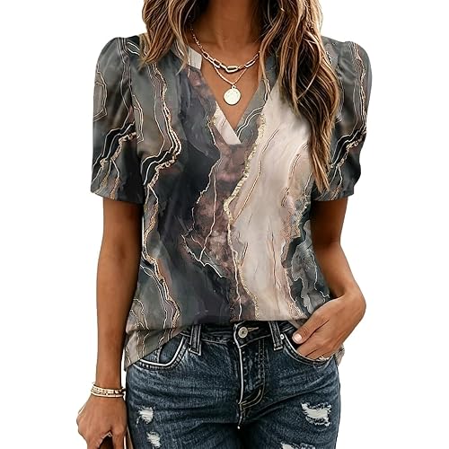 Zeagoo Women Blouses Puff Short Sleeve Tops V Neck Dressy Casual Spring Shirts Boho Floral Cute Clothes 2026
