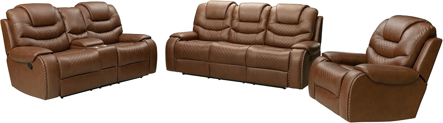 Kings Brand Furniture Kathy Ireland Home Manual Double Reclining Loveseat w/Console & Cup Holders, Brown