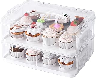 Two Tier Cupcake Carrier, White Stackable Cupcake Holder Carries for 24 Standard-Size Cupcakes, Reusable Detachable Cupcake Box