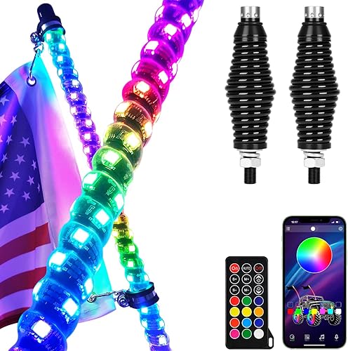 OHMU 2 luces LED de látigo de 3 pies con Bluetooth, control remoto base de resorte 300 colores 366 modos de iluminación 360 en espiral de