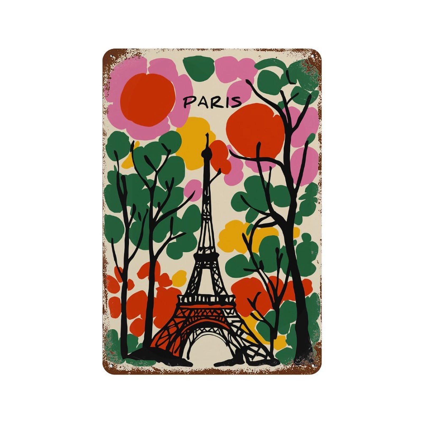 Rust Effect Tin Sign Paris Eiffel Tower Colorful Illustration 11.8"x7.9", Vintage Wall Decor for Living Room, Hallway And Home Decor