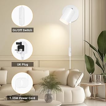 Plug in Wall Light with Switch White, GU10 Wall Lamp Adjustable [Energy Class A]
