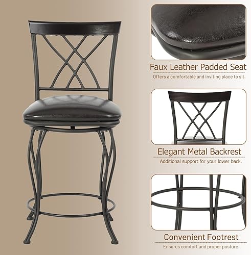 Miniatura 4 de FurnitureR Juego de 2 taburetes de bar clásicos, elegantes taburetes de bar giratorios con respaldo de metal y reposapiés para cocina, isla, pub,