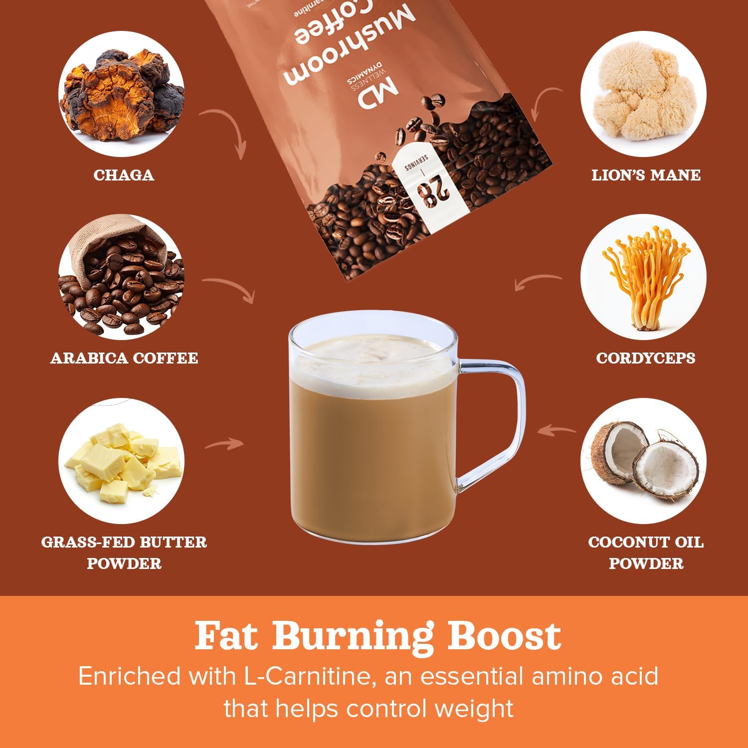 Mushroom Coffee with L Carnitine, Coconut Oil, & Grass Feed Butter – Lion’s Mane Reishi Chaga Cordyceps Smooth Energy Metabolism Focus Coffee – 28 Servings