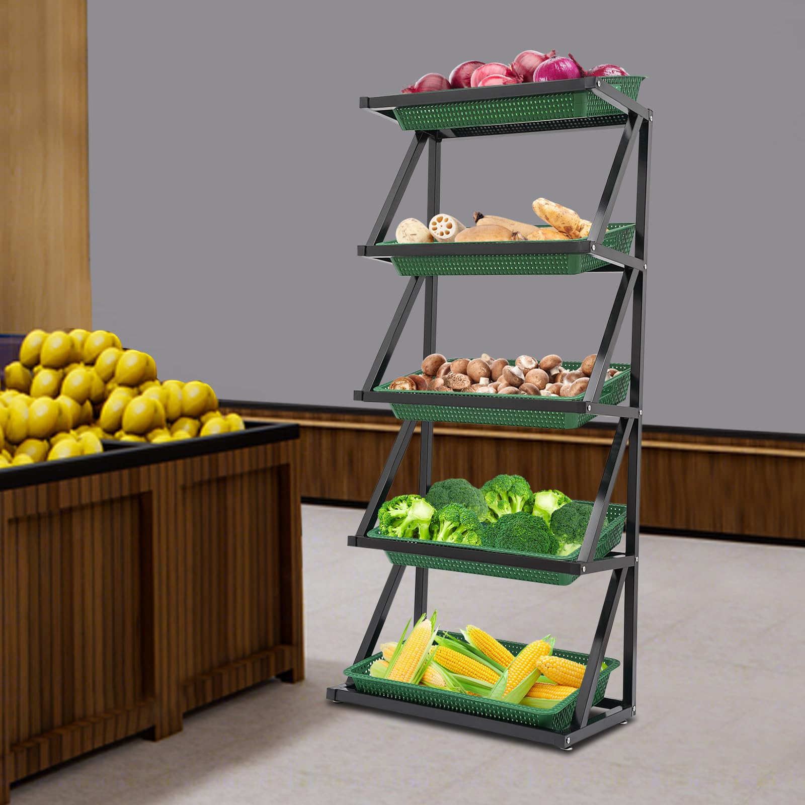 5-Tier Frui Display Basket,Vegetable Display Rack, Black, Iron