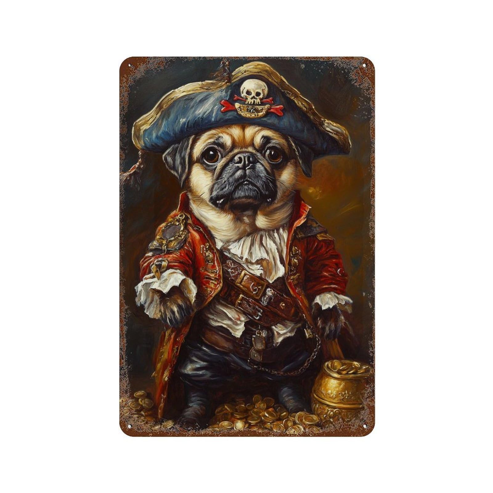 Pirate Pug with Treasure Chest Decorative Tin Sign 11.8"x7.9", Shabby Chic Decor for Garage, Pub Or Kitchen