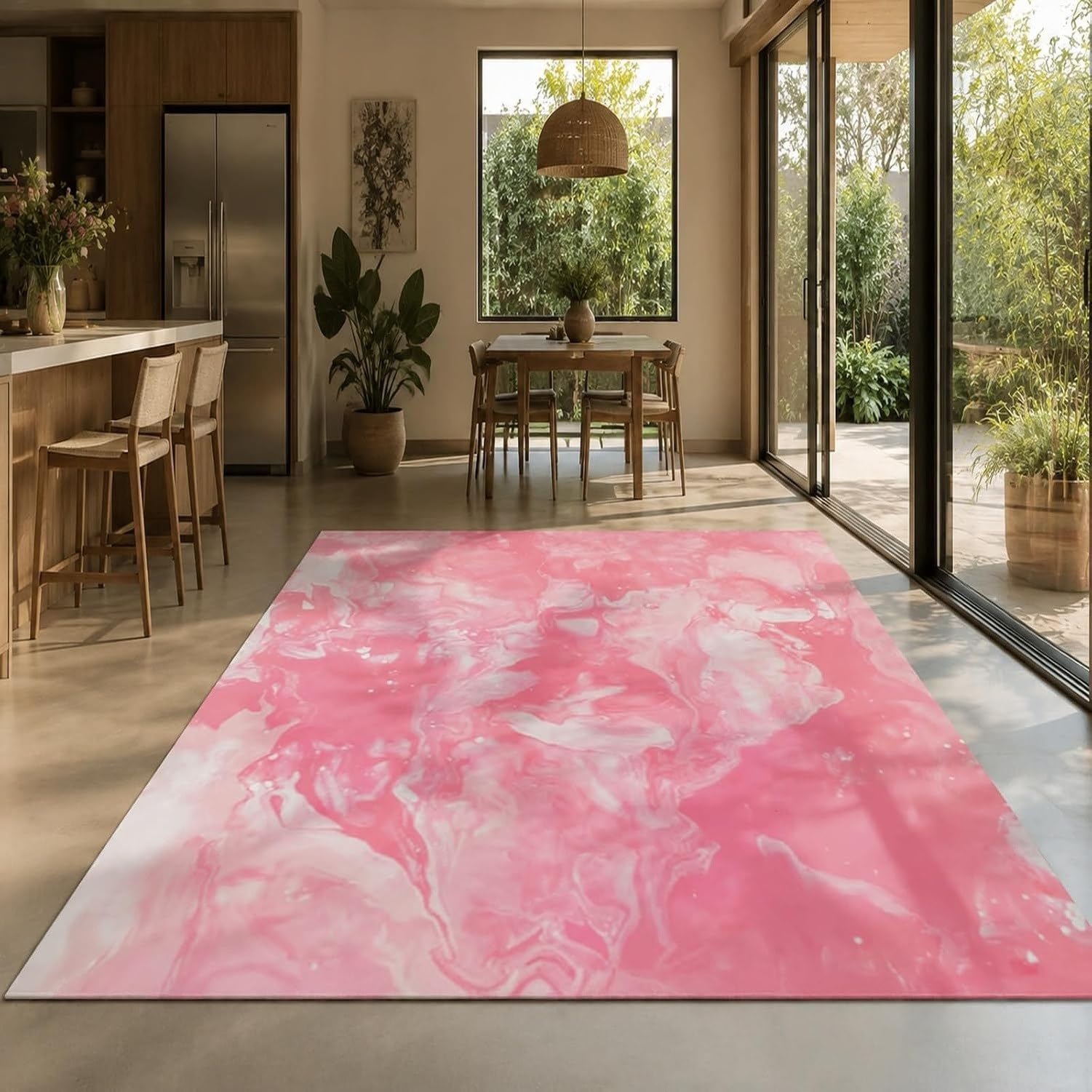 Tappeto Quadrato Lavabile Astratto Rosa Bianco, Rosa, 100x100 cm (Quadrato)