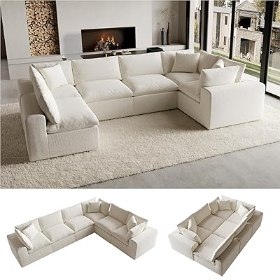 130" Modern Deep Seat Cloud Couch, 6 Seater U Shape Convertible Sofa Bed, No Assembly Modular Sectional with Removable Washable Covers, High Elastic Foam Boneless Living Room Sofa (Warm White)