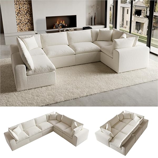 130" Modern Deep Seat Cloud Couch, 6 Seater U Shape Convertible Sofa Bed, No Assembly Modular Sectional with Removable Washable Covers, High Elastic Foam Boneless Living Room Sofa (Warm White)