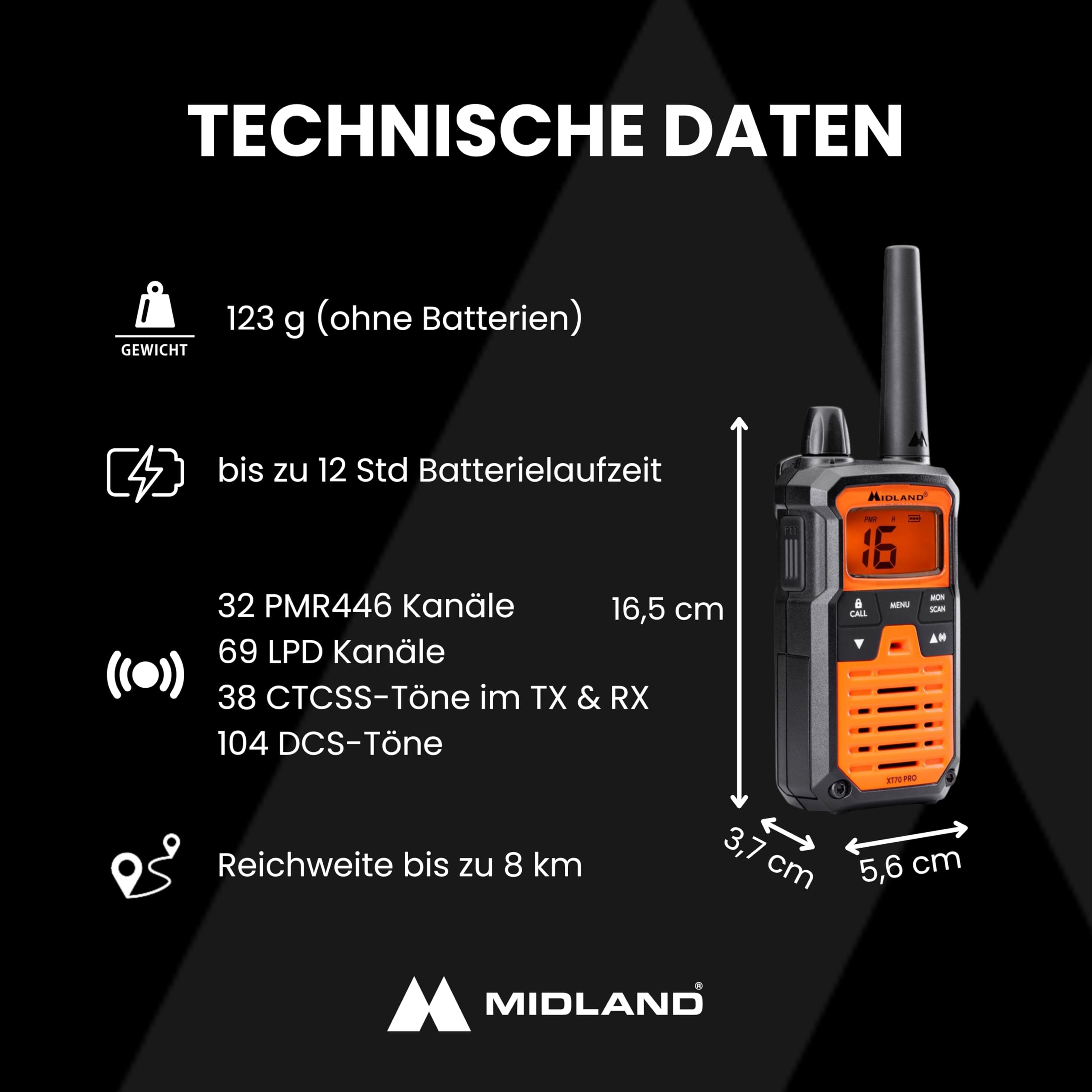 Midland XT70 Pro Hobby & Work Kofferset, PMR + LPD-Funkgeräte mit bis zu 12 km Reichweite, Walkie Talkie Set inkl. Headsets & Tasche, IPX4 wassergeschützt