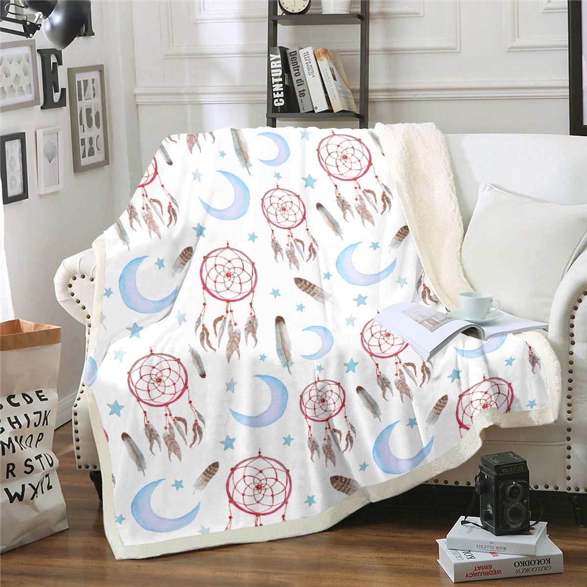 Loussiesd Boys Colour40 Dreamcatcher Throw Blanket Boho Star Moon Printed Blanket For Kids Girls Bohemian Style Fleece Blankets Indian Hippie Feather Print Plush Blankets For Bed Sofa Couch Fuzzy Blanket Single 50"X60"