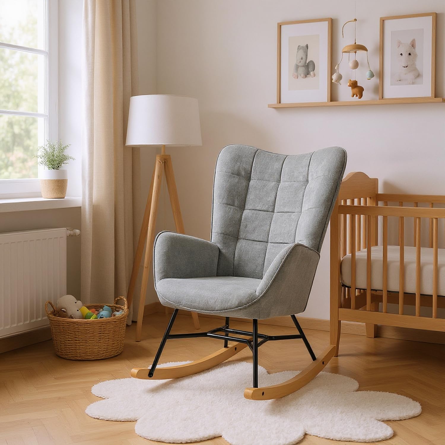 Fauteuil d'allaitement Grey avec Dossier Moelleux Tissu Style Scandinave Surpiqûres Fauteuil à Bascule pour Chambre de Bébé