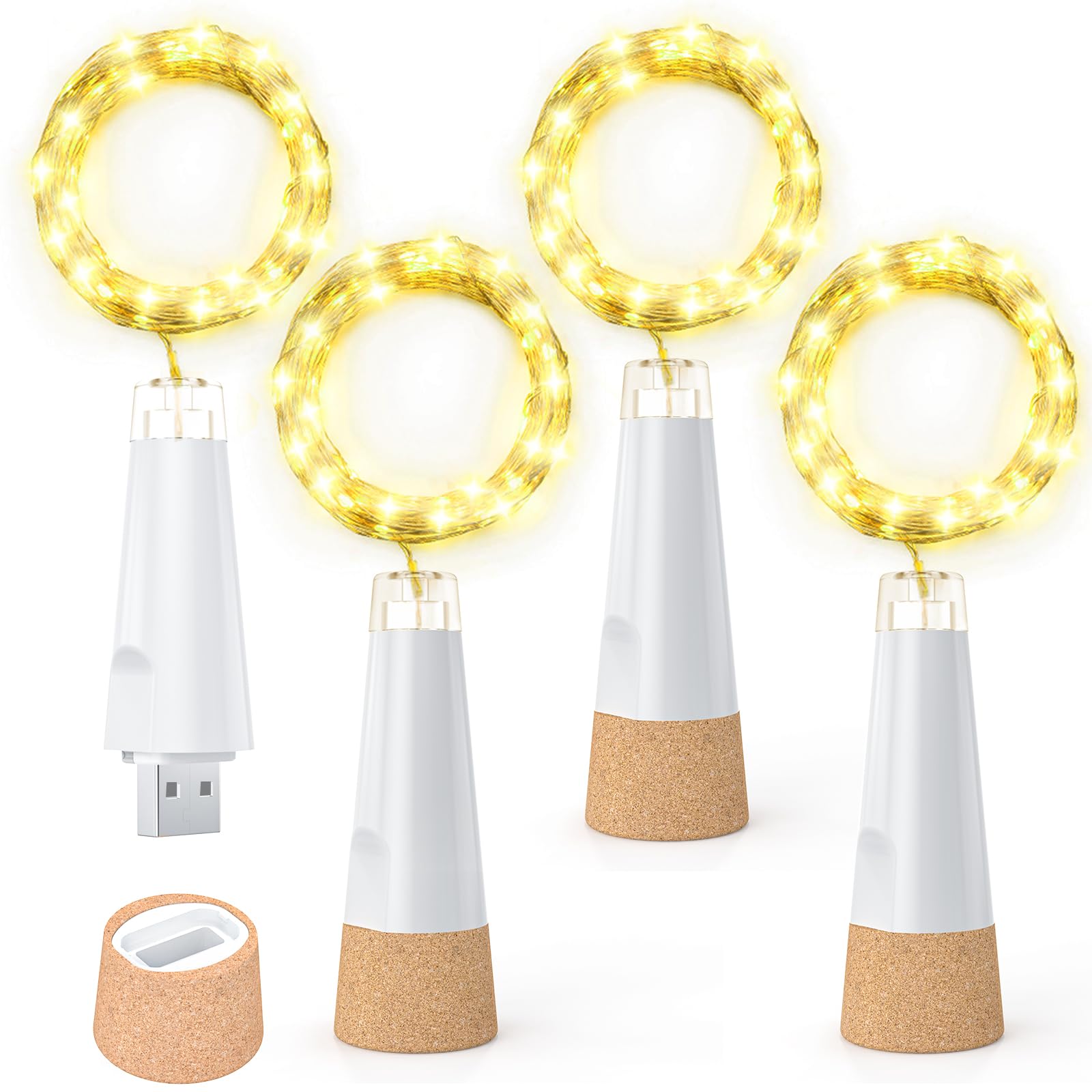 Dumcuw Bottle Lights, 20 LED Fairy Lights Battery Operated USB Rechargeable 2024 Upgraded Bottle Light with Cork for Christmas Decorations(Warm White, 4 Pack)