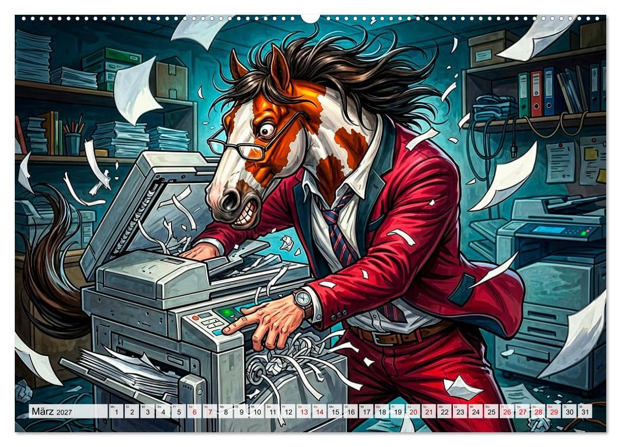 CALVENDO - Bürohengste - Lustiger Büro‑Kalender (Wandkalender 2027 DIN A2 quer), Monatskalender: Ein witziger Blick auf den täglichen Büro‑Wahnsinn, voller überzeichneter Pferde‑Charaktere, die den Ar