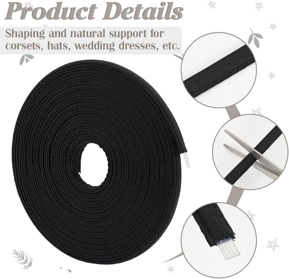 BENECREAT 10Yard Cotton Covered Boning,12mm Polyester Boning Black Bra Boning Poly Boning Sewing Garment Accessories for Corsets Bridal Gowns Lingerie Hats Dress