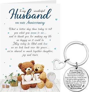 Sinmoe Husband Anniversary Card Bear Gifts Husband Keyring from Wife Never Forget That I Love You Keychain Soulmate Greeting Card for Him White Envelope for Anniversary