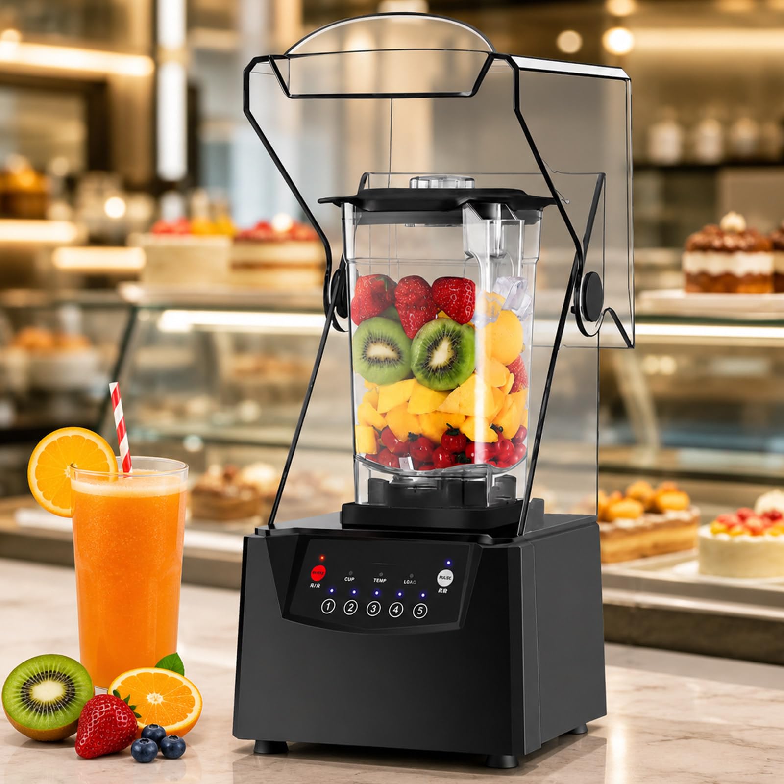 lilishangmao Commercial Blender for Smoothies and Ice, 2200W Professional Mixer with 1.8L Jug, 6 Stainless Steel Blades, Quiet Housing and 5 Programmes, for Café/Bar/Club/Drink Stall/Canteen