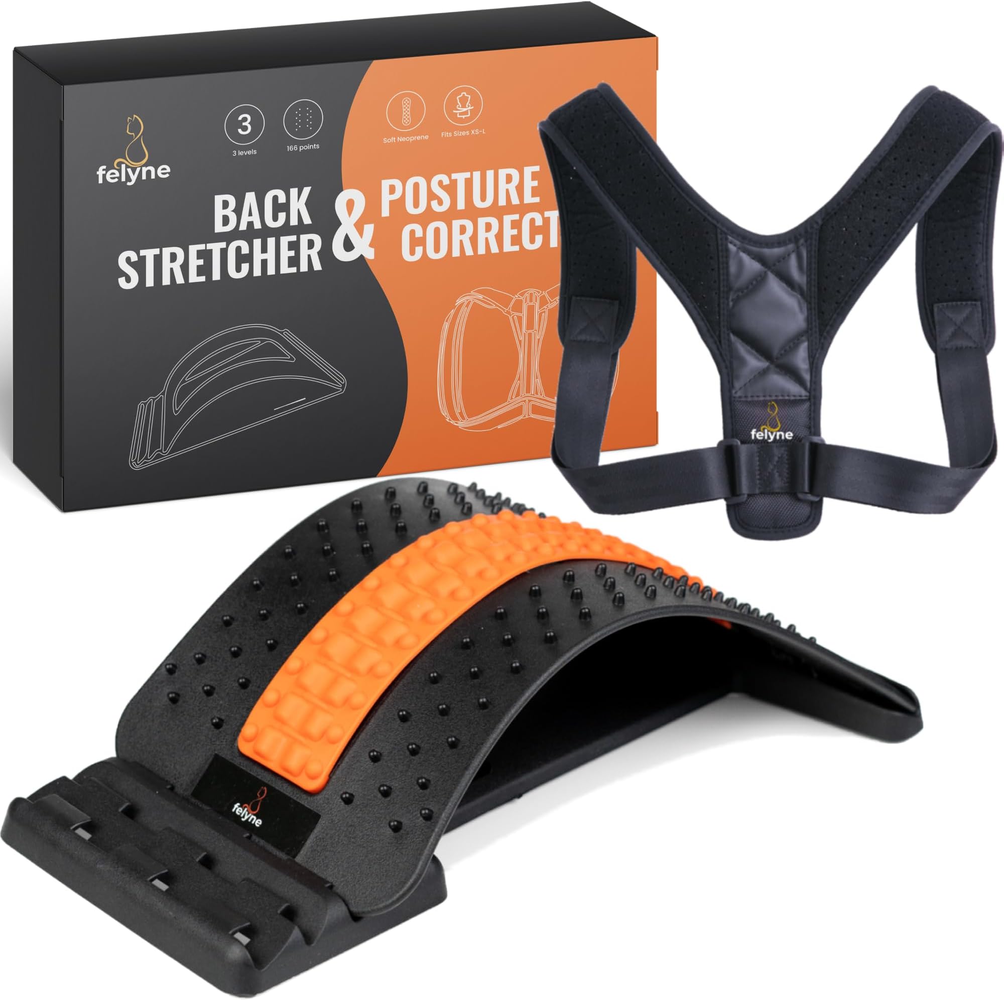 Felyne Back Stretcher & Posture Corrector for Pain Relief, Multi-Level Back Cracker with Massage Points, Spine Shoulder Lower Upper Back Support