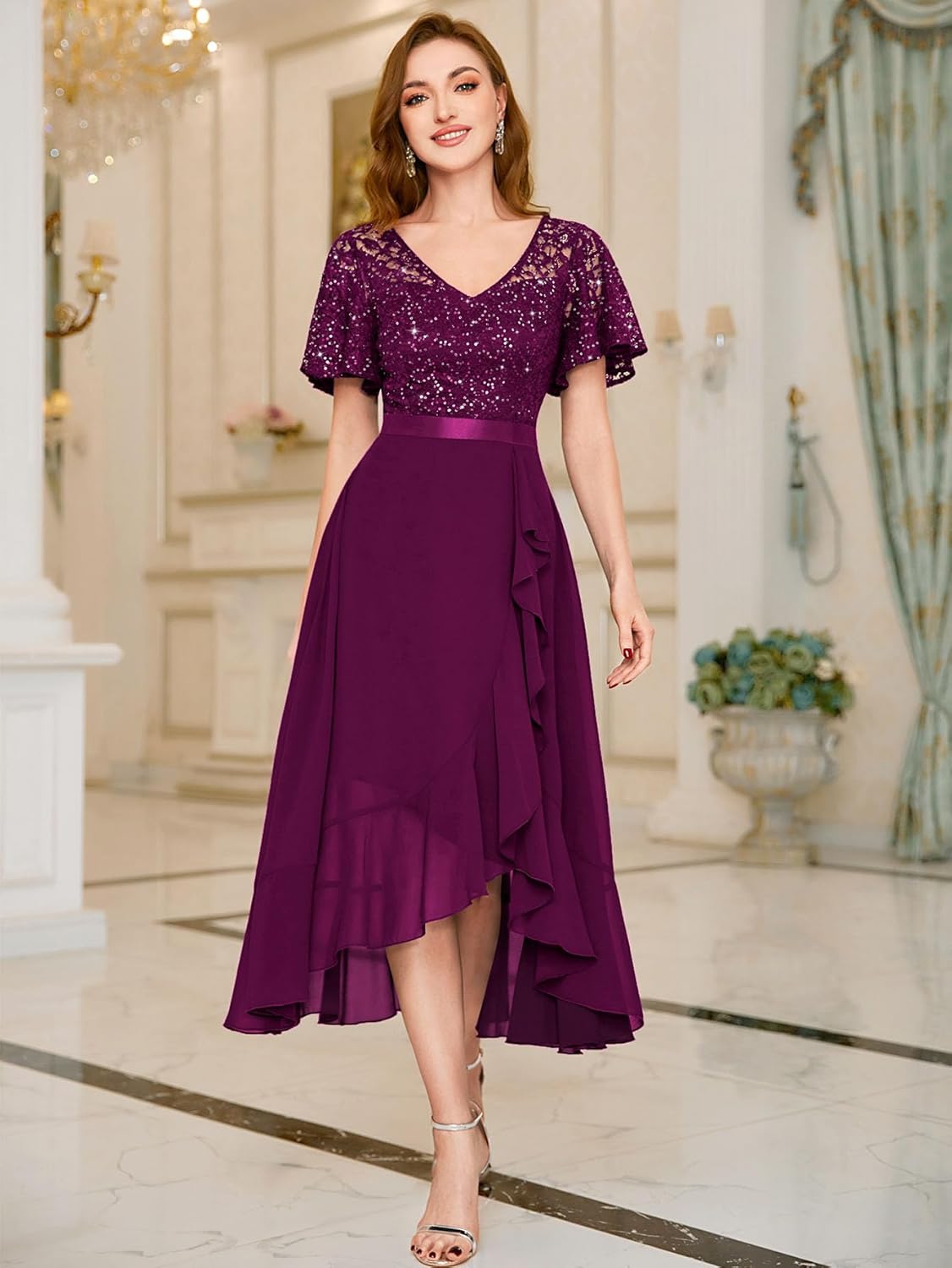 Miusol Women's Classy V-Neck Butterfly Sleeve Sequined Floral Lace Ruffle Split Bridesmaid Party Dress - Image 3