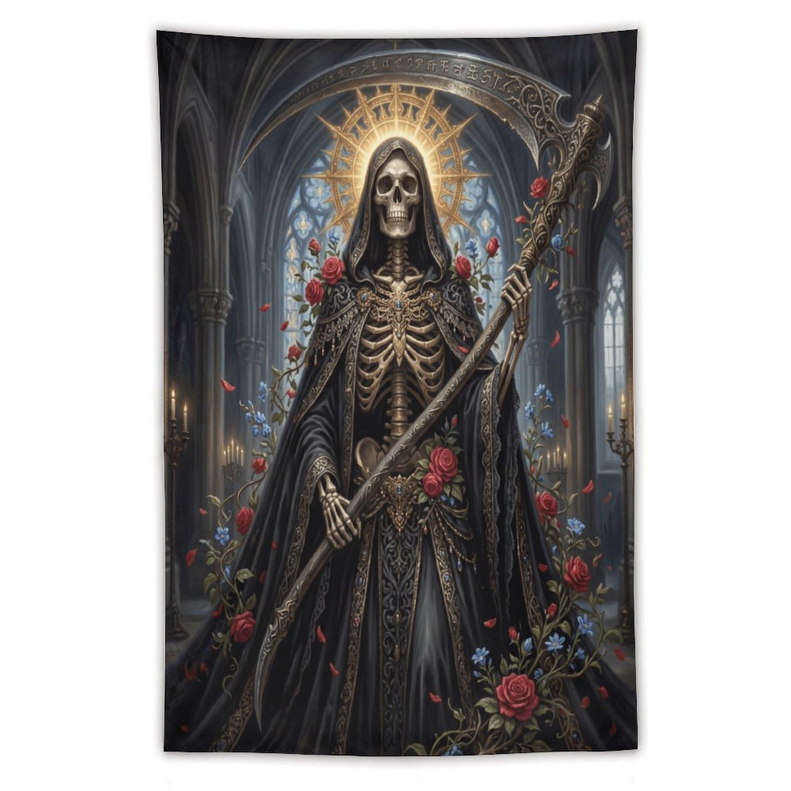 H3B8U2Y5 Grim Reaper Gothic Roses Wall Tapestry, Memento Mori