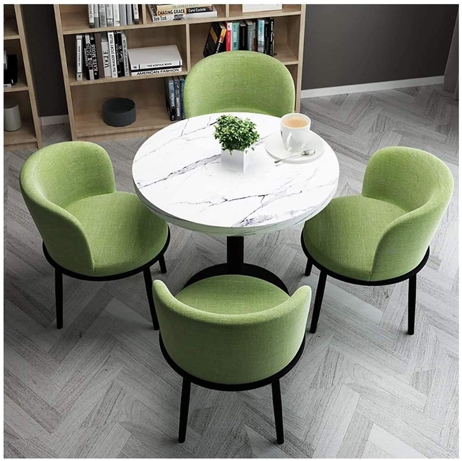 MOOZLE Solid Wood Round Dining Room Table and Chair Combination Leisure Office Reception Table and Chair Set 80cm(Color:Green (Linen))