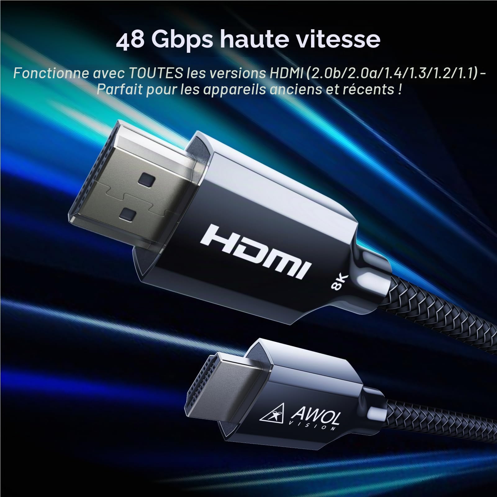 AWOL VISION Câble HDMI 2.1 Certifié 8K 2M, Câble HDMI Ultra Haute Vitesse 48Gbps 8K@60Hz, 4K@120Hz, 2K@144Hz, Compatible avec PS5/Xbox/TV/PC/Projecteur (HC-002)