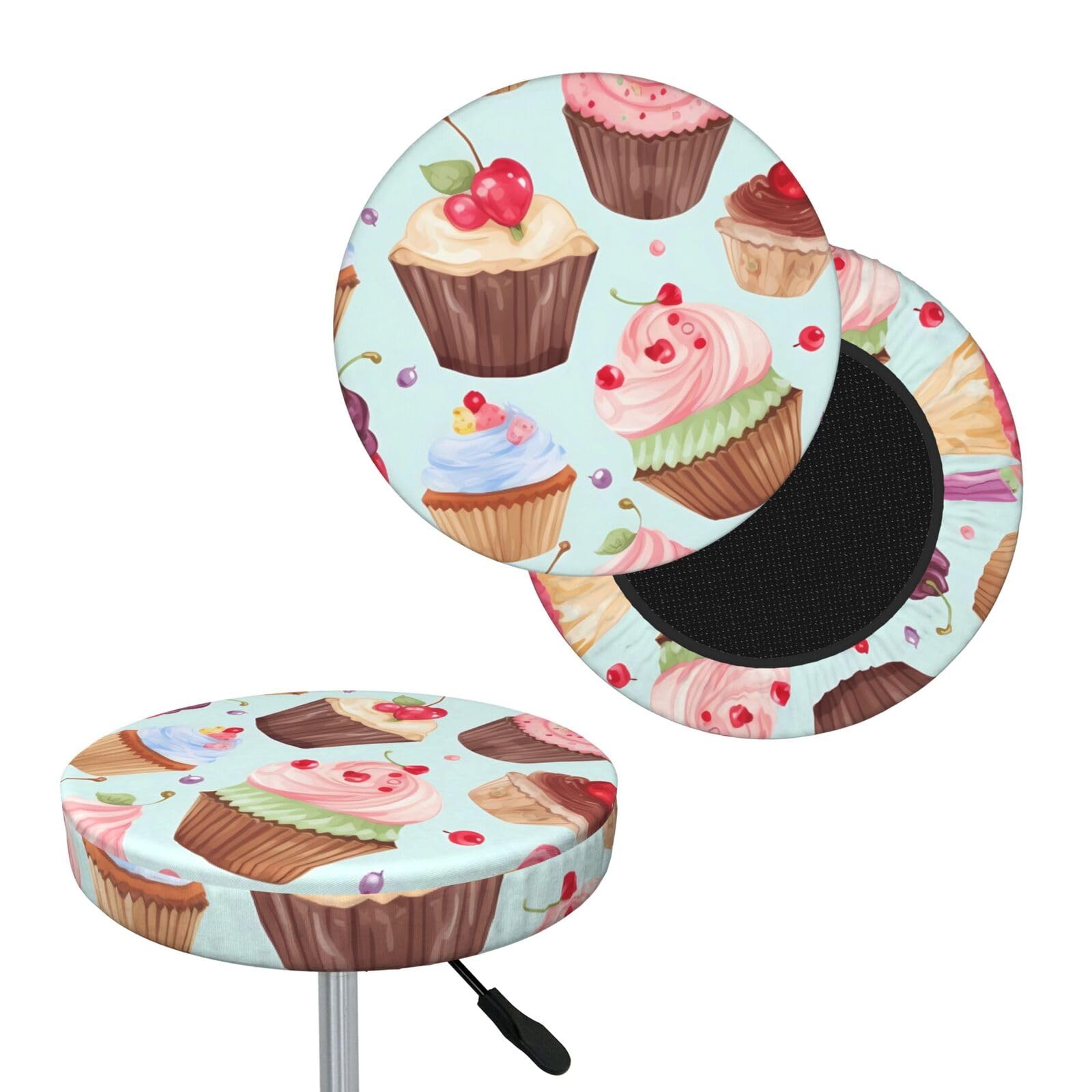 FekiLoot Cupcake Pattern Round Bar Stool Covers Stretch Washable Bar Stool Covers Dustproof Slipcover Bar Chair Covers with Elastic Band for Bar Kitchen Living Room Decor 12 Inch