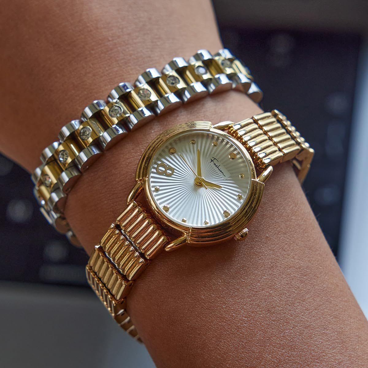 14K Gold Plated Chain Bracelet for Women - Stainless Steel Cubic Zirconia Two Toned Chunky Link Bracelet Gifts for Her - Womens Waterproof 7 Inches Gold Bracelets - Image 7