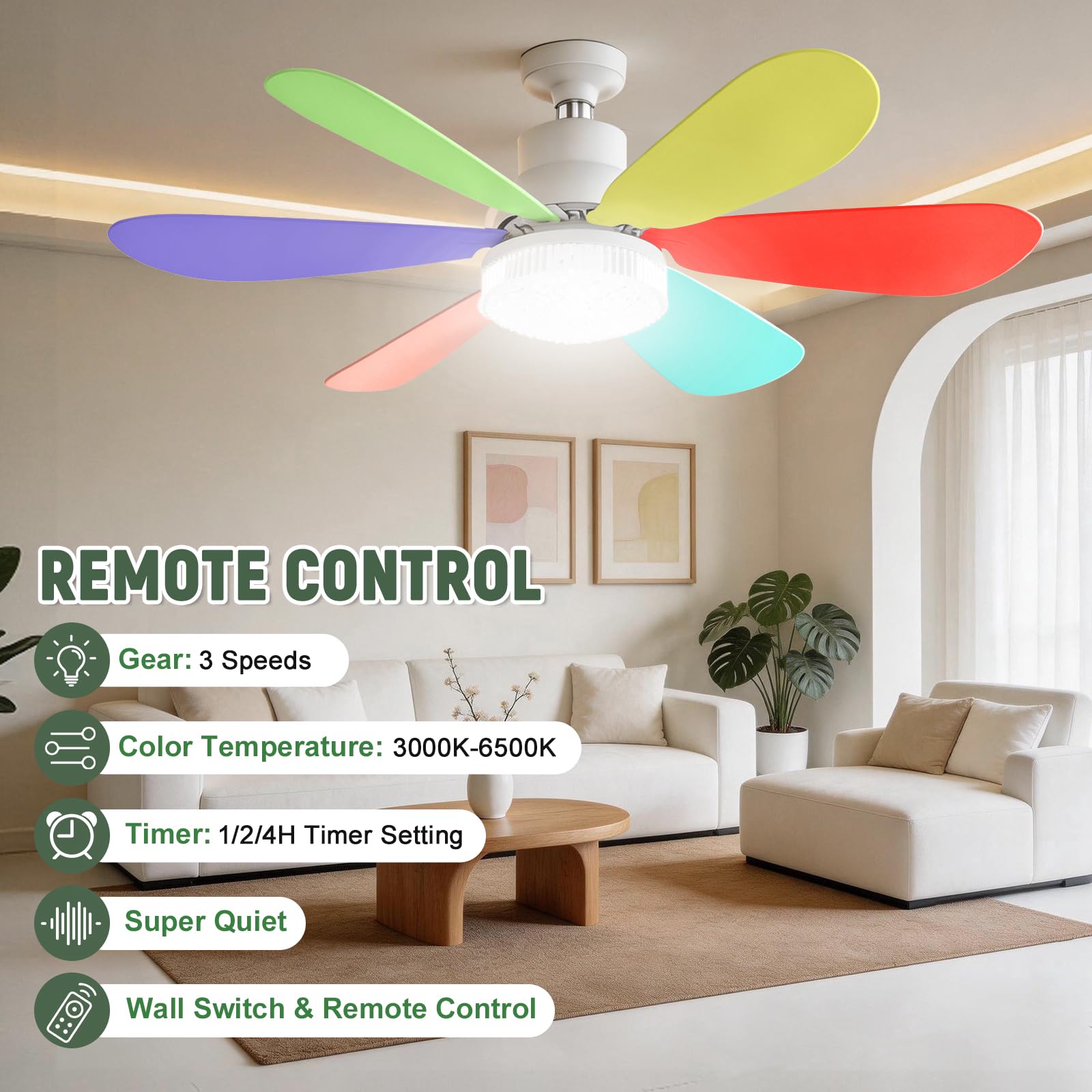 Ventilateur de Plafond avec Lumière et Telecommande, Ø52cm LED Plafonnier Dimmable Ventilateur avec 40W E27 Lampe Cristal Intégrée, 6 Pales, 3 Vitesses, Silencieux, pour Chambre, Salon (Multicolore)