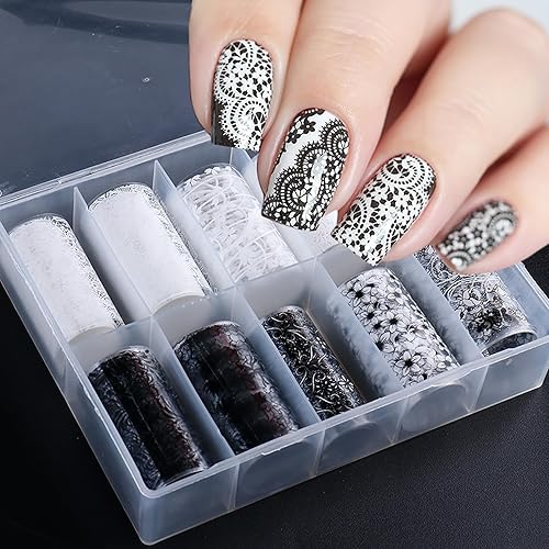 Miniatura 2 de JERCLITY 10 rollos de calcomanías de transferencia de papel de aluminio para uñas, diseño de flores blancas y negras, calcomanías de arte de uñas,