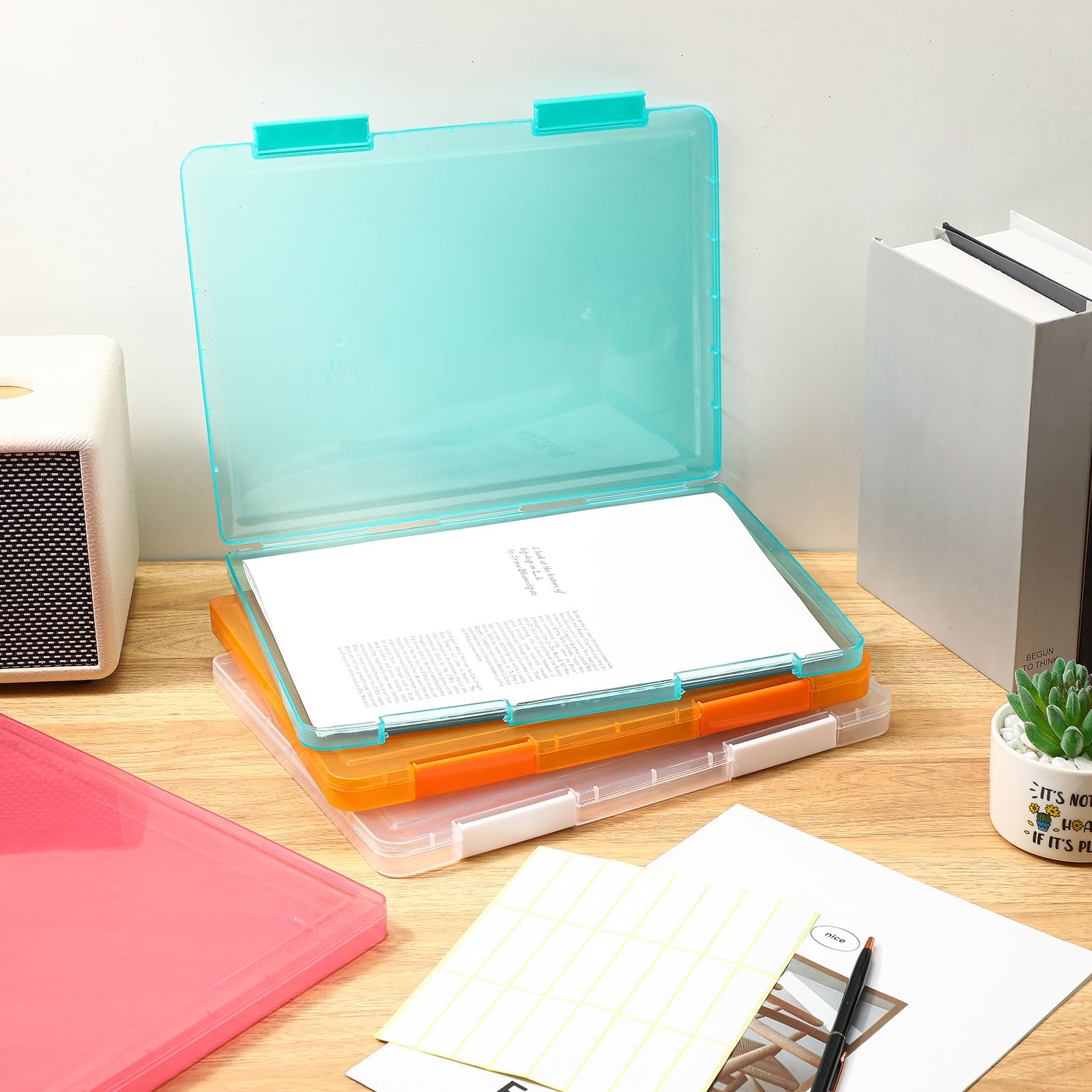 Affrolling Paquete de 4 cajas de archivos A4, organizador de papel, colorido, transparente, para documentos, proyectos, caja de almacenamiento de papel, caja protectora de archivos para revistas,
