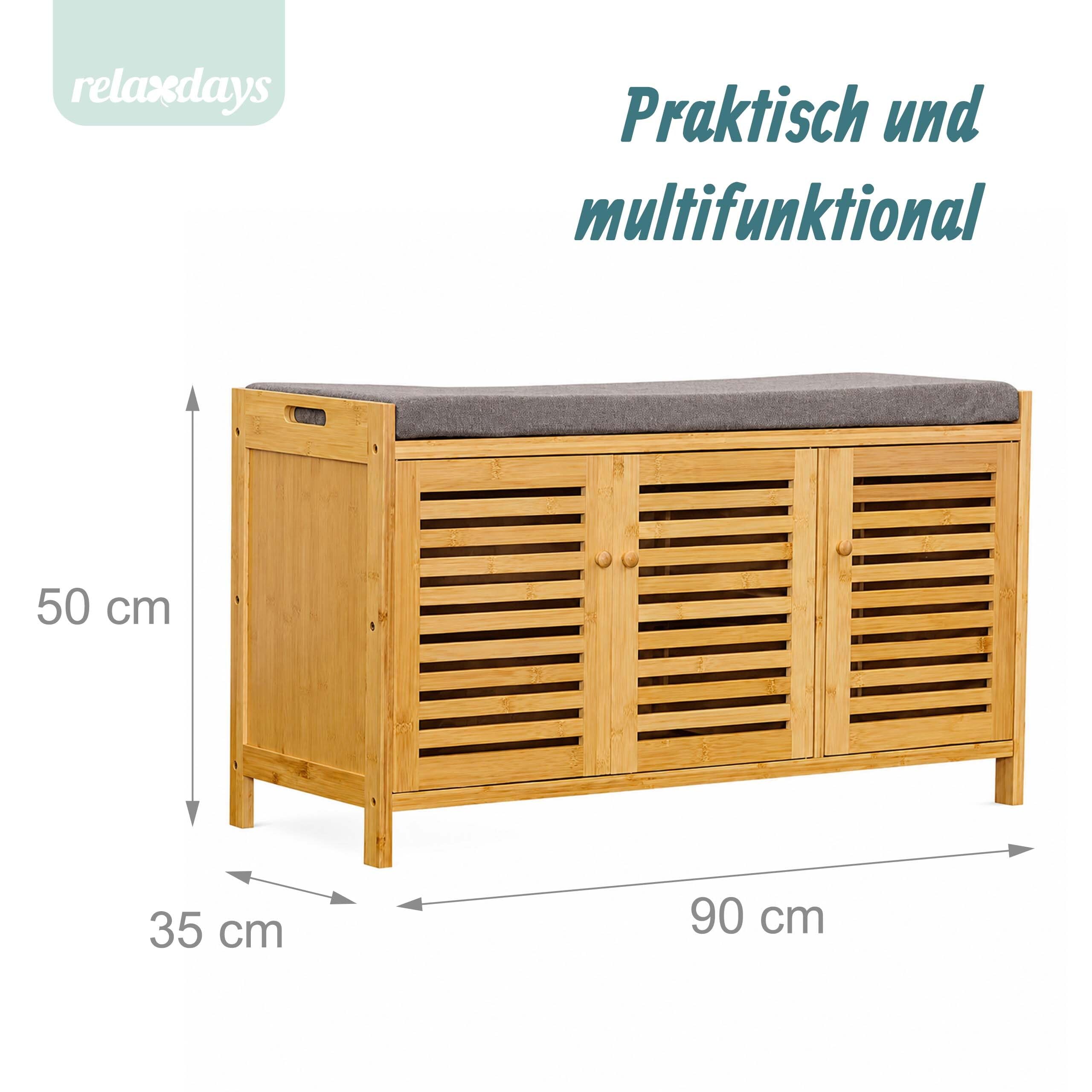 Relaxdays Schuhbank, gepolsterte Sitzfläche, Bambus, 3 Fächer, Natur/grau