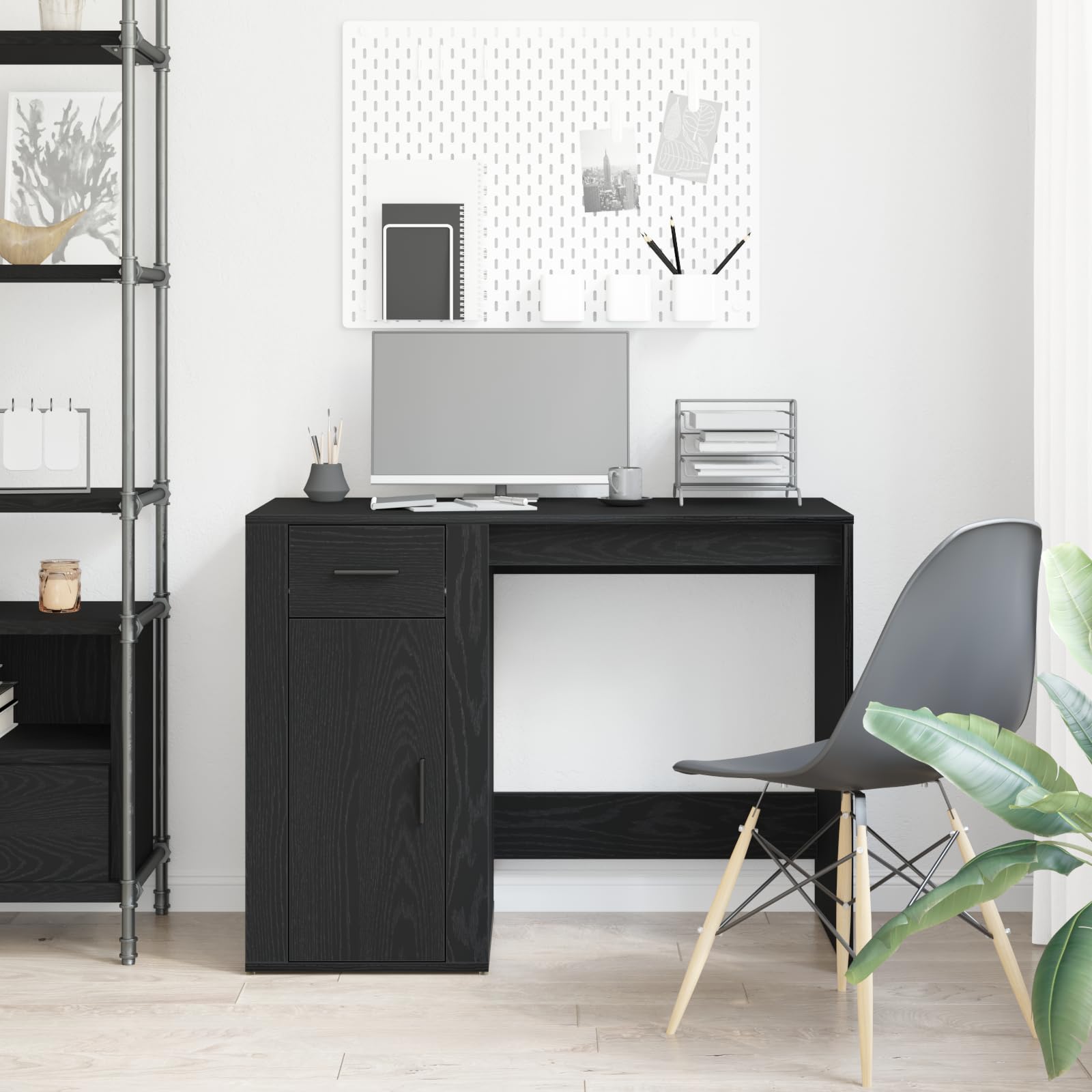 Moderner Schreibtisch Schwarz Eiche 100x49x75 cm Holzwerkstoff mit Schublade und Schrank für Büroorganisation