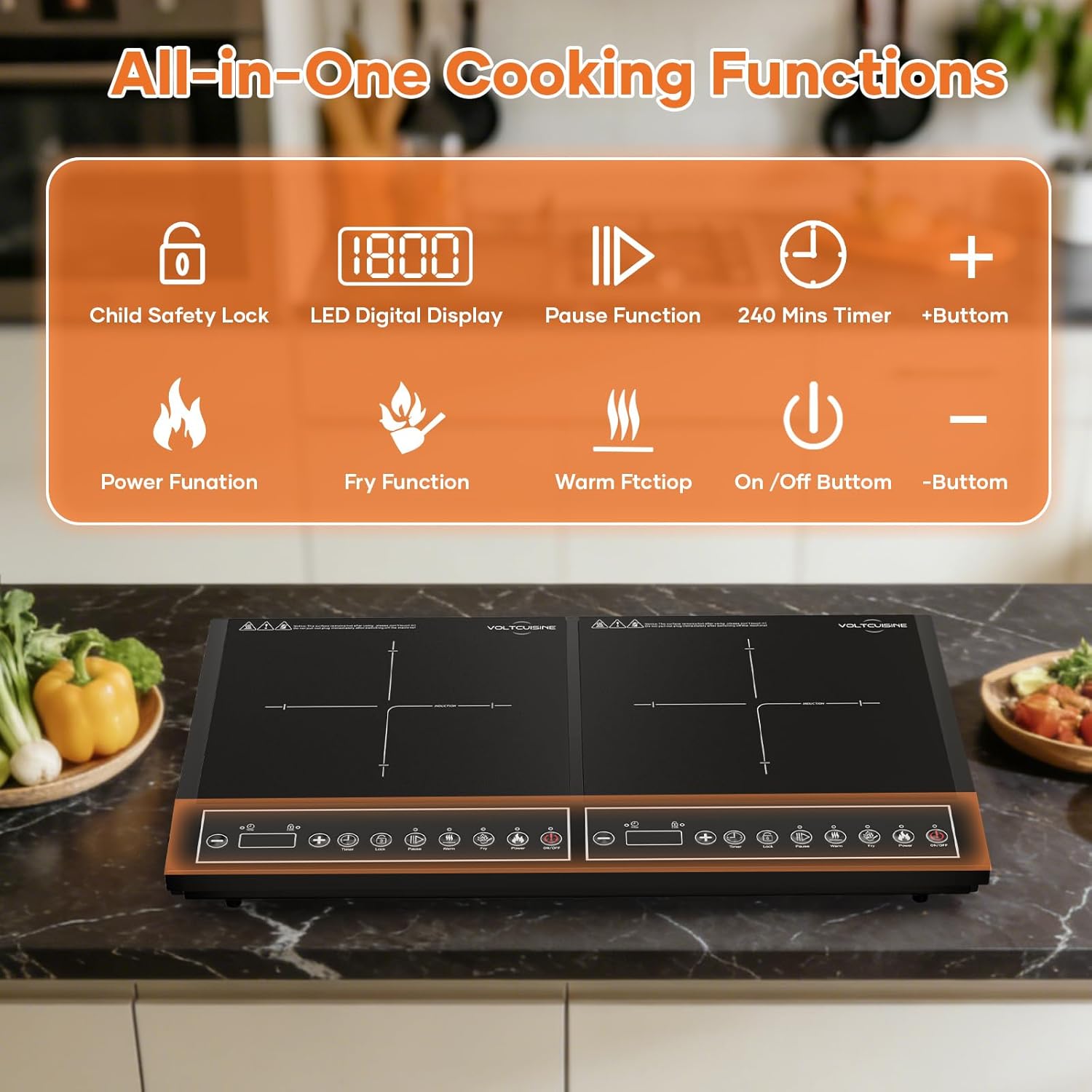 Double Induction Cooktop 1800W with Physical Button Control, Easy-to-Use Dual Burner for Everyday Cooking, Low Power Continuous Heating, Portable Electric Stove for Home & RV