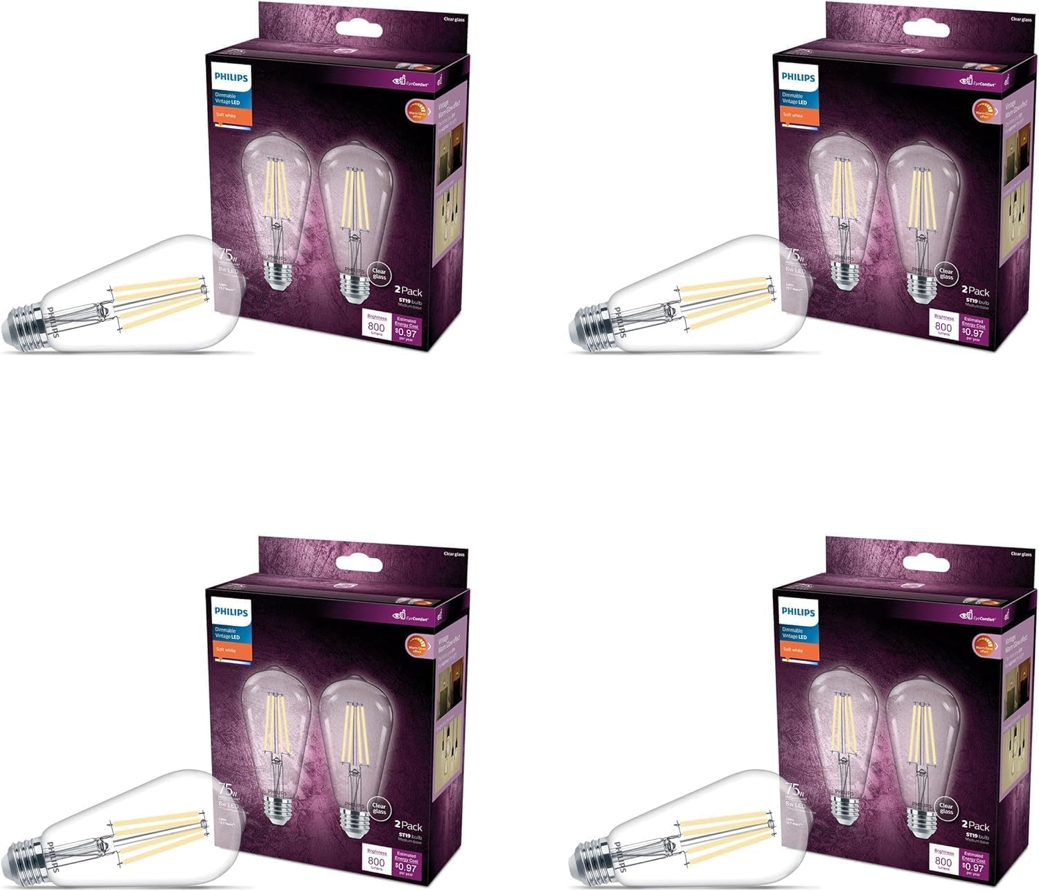 PHILIPS LED 75W ST19 8-Pack Vintage Edison Spiral Soft White (2700K) 800 Lumen (8W = 75W) Dimmable Frosted Flicker-Free Light Bulbs