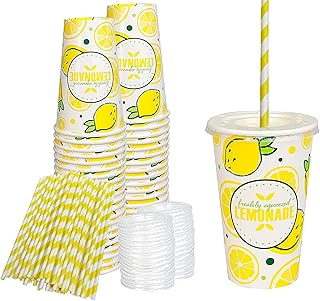 Upper Midland Products 150 Pieces / 50 Sets 16 Oz Lemonade Cups with Lids and Paper Straws - Set of 50 - Lemonade Stand Supplies For Kids and Adults