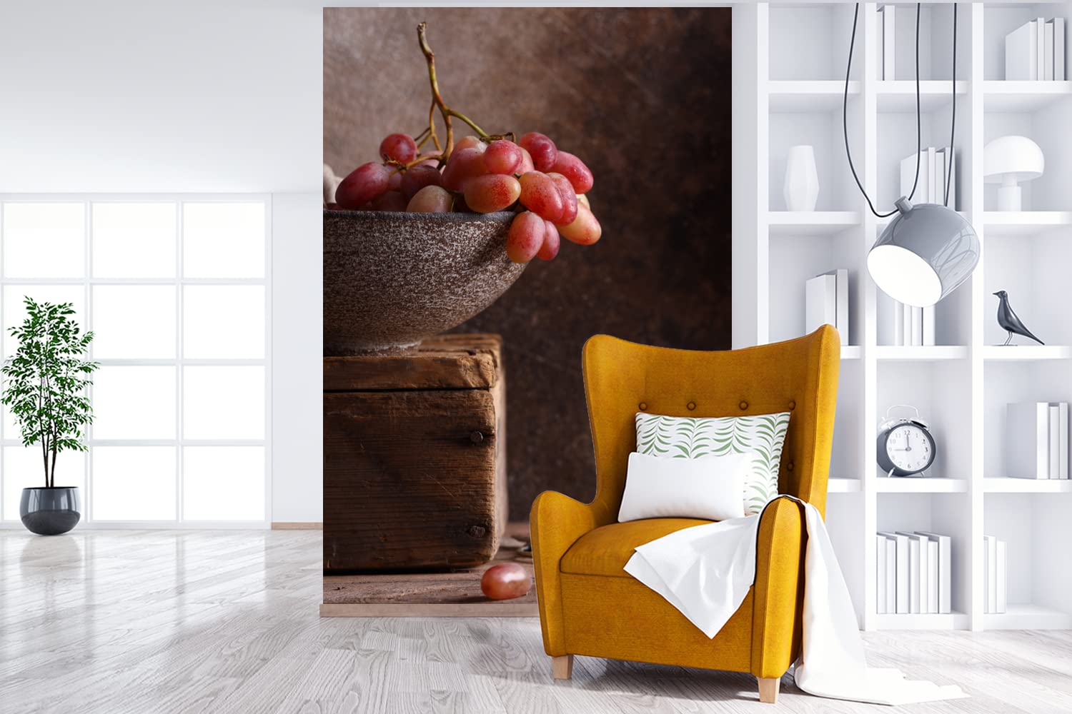 Selbstklebend Tapete Wandpapier Wandaufkleber Fototapete Tapeten Wanddeko 145x220 cm Rustikal - Weintrauben - Schale - Stilleben - Obst