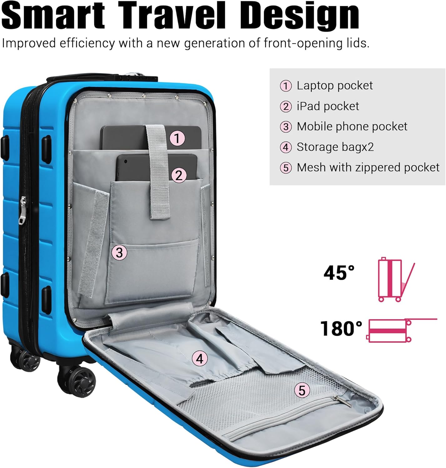 KEYTANG SmileLine 3-Piece Luggage Set Lightweight Hardside Suitcase TSA Lock Spinner Wheels, 20" Expandable Carry-On Luggage with Quick Access Front Open Pocket, Bonus Makeup Bag,Blue