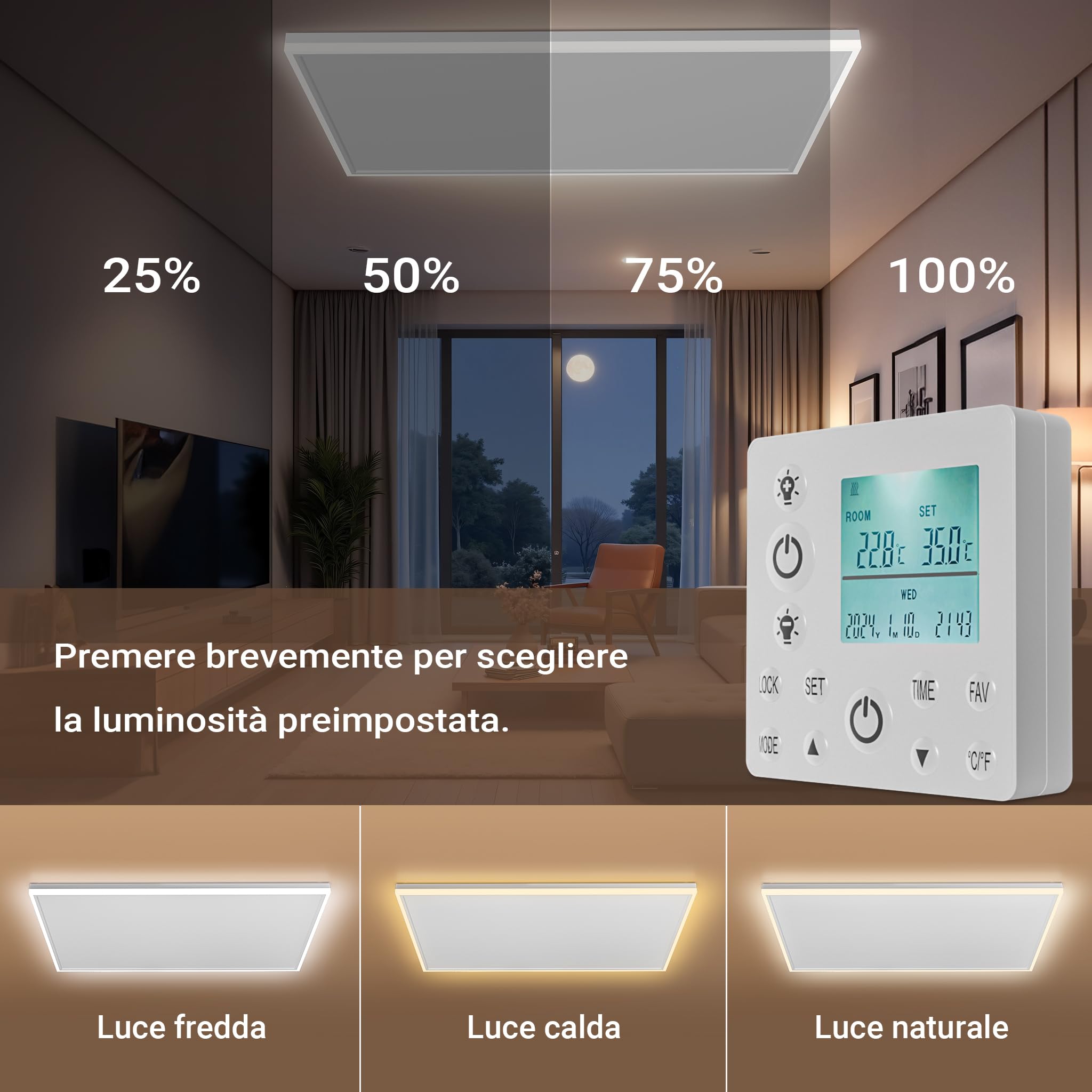 Wiltec Riscaldamento a soffitto 370 W, pannello per riscaldamento a infrarossi con luce LED e termostato, 65,5 x 63 x 3,5 cm