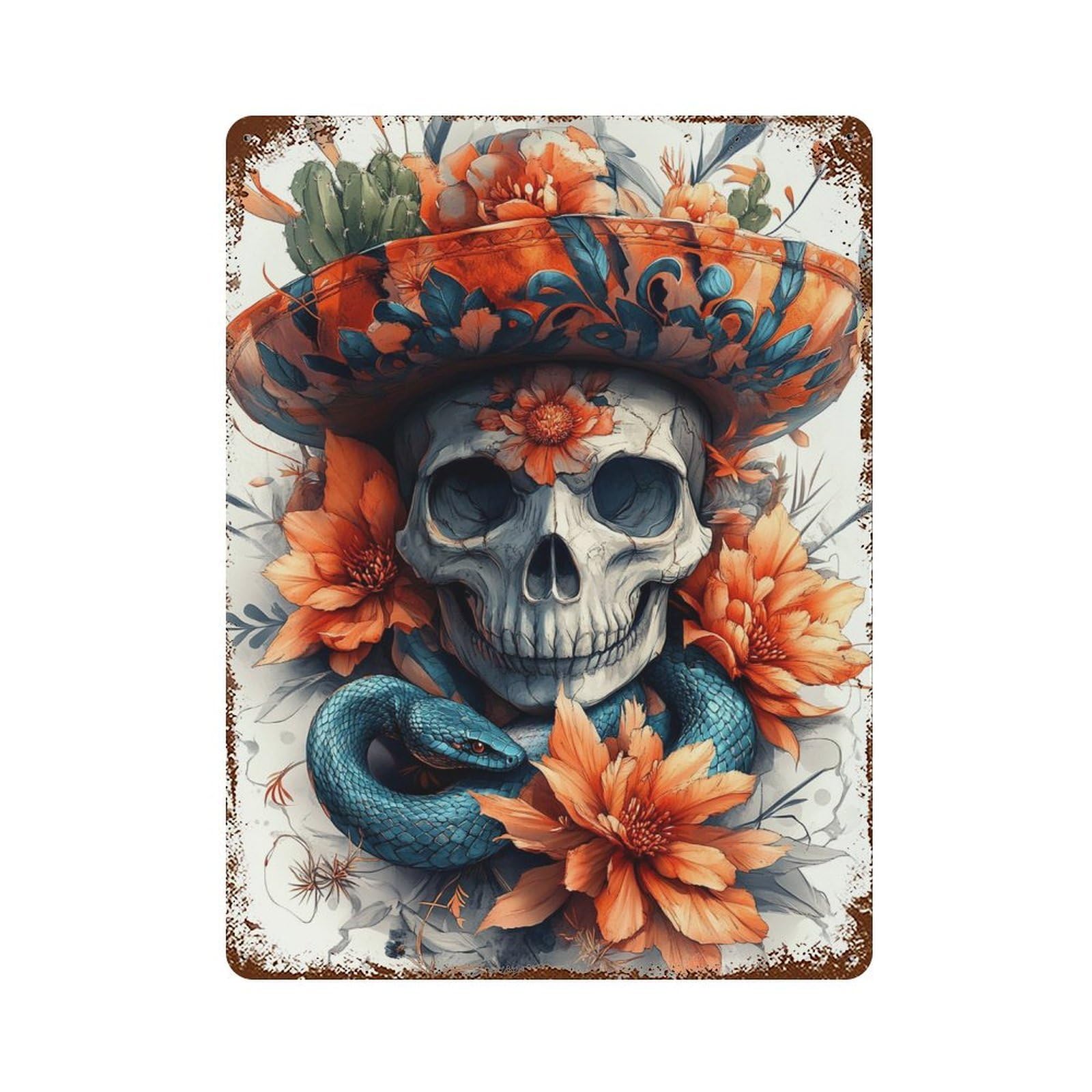 Distressed Metal Wall Sign Day of The Dead Skull Artwork 15.7"x11.8", Old School Wall Decor for Bistro, Counter And Cafe Decor