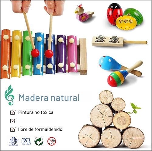 Miniatura 3 de LOOIKOOS Instrumentos musicales para niños pequeños, instrumentos de percusión de madera, juguete para niños preescolares, juguetes musicales