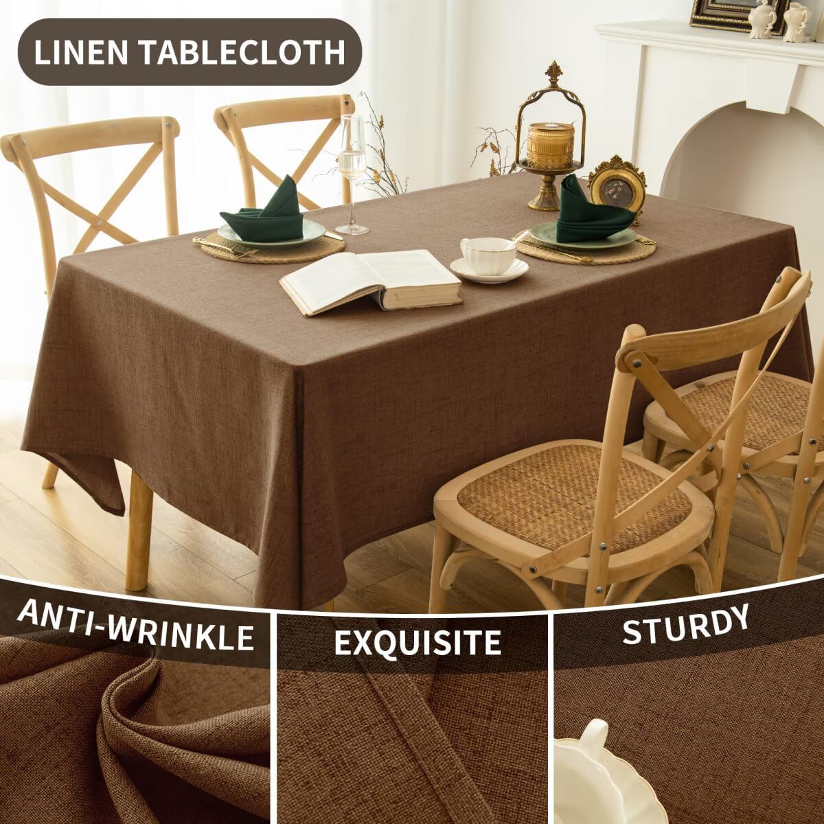 Natural Linen Rectangle Tablecloth, Slubby Textured Fall Lightweight Table Cloth 60 x 84 Inch, Water Resistant Stain Resistant Farmhouse Burlap Table Cover for Kitchen Dining Room, Brown