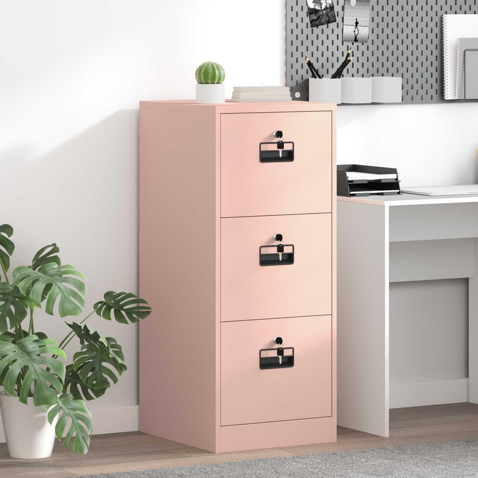 Cajonera de acero laminado en frío rosa con 3 cajones de alta resistencia