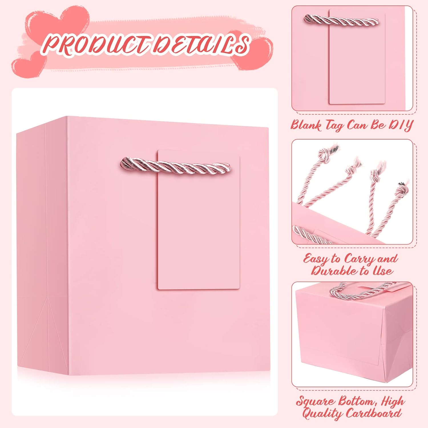 PerKoop 50 Pcs Mini Gift Bags Bulk with Handles Gift Tags Small Paper Bags for Valentine Birthdays Baby Showers Weddings Party Favors Supplies 4 x 2.75 x 4.5 Inch(Pink) - Image 3