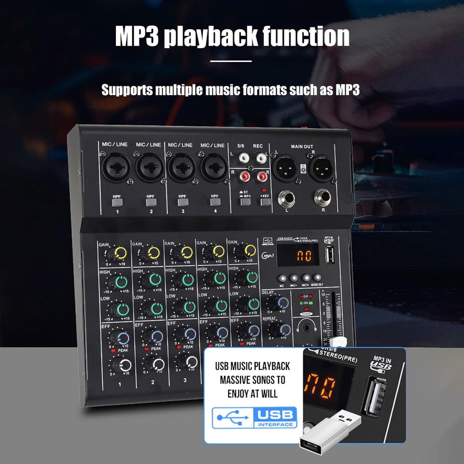 Mixer with USB flash drive inserted for MP3 playback