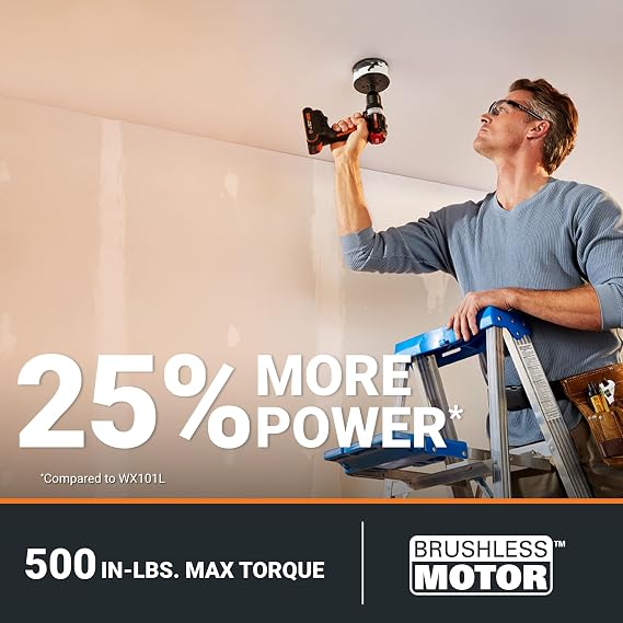 WORX Cordless Drill Driver, 20V 1/2-Inch Brushless, WX130L | Compact and Lightweight at 6 in and 3 lb, Batteries & Charger Included, PowerShare
