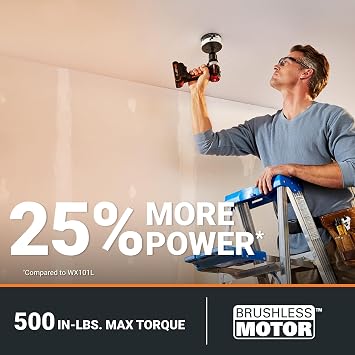 WORX Cordless Drill Driver, 20V 1/2-Inch Brushless, WX130L | Compact and Lightweight at 6 in and 3 lb, Batteries & Charger Included, PowerShare