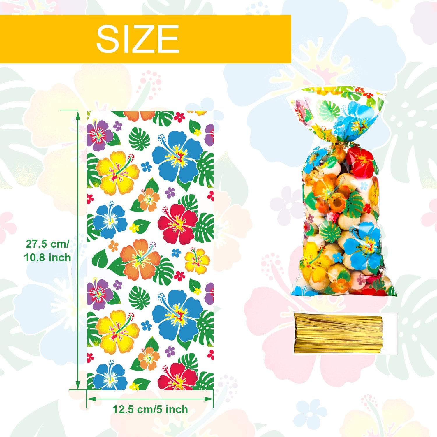 100 Pcs Hawaiian Luau Cellophane Bag Tropical Aloha Hibiscus Candy Goodie Bags Tiki Party Supply Luau Decorations with 100 Twist Ties for Hawaii Party Favors Summer Table Setting, 10.8 x 5 Inch