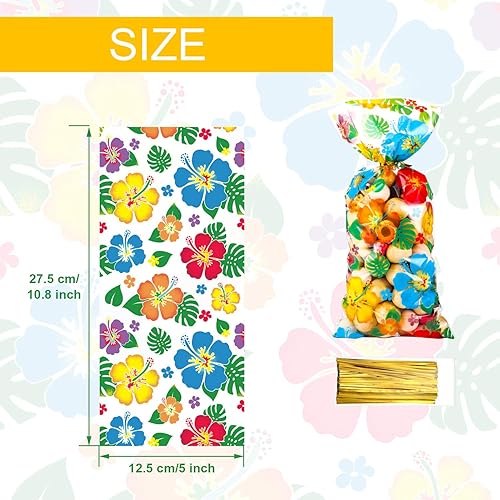Miniatura 7 de 100 bolsas hawaianas de celofán Luau tropical, Aloha Hibiscus, bolsas de golosinas, suministros para fiestas Tiki, decoraciones Luau con 100 lazos