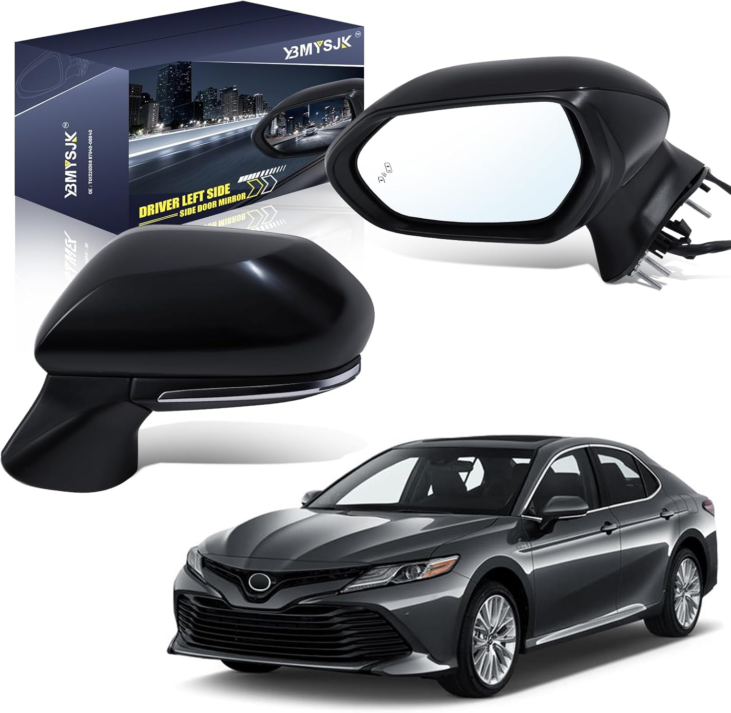Driver Side Power Door Mirror Compatible with Toyota Camry 20018-2024, With Heated Turn Signal Light, Blind Spot Detection Manual Folding Black 7 Pin